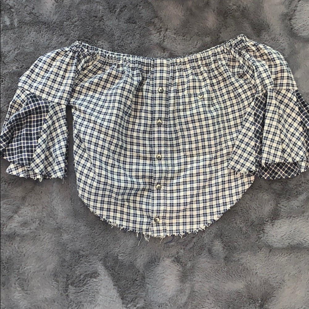Relove plaid off the shoulder button up blouse